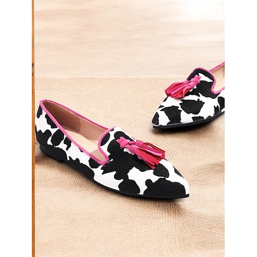  Women's Cow Print Tassel Loafers with Green Trim – Stylish Slip-On Dress Shoes for Casual and Formal Occasions