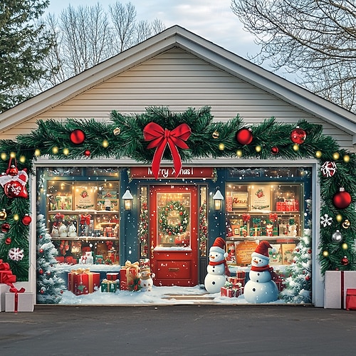  Christmas Door Decorations Garage Door Cover Santa Snowman Jingle Bell Xmas Outdoor Banner Large Backdrop for Holiday Home Wall Gifts Snow Village Christmas Tree