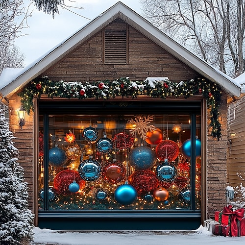  Christmas Door Decorations Garage Door Cover Santa Snowman Jingle Bell Xmas Outdoor Banner Large Backdrop for Holiday Home Wall Gifts Snow Village Christmas Tree