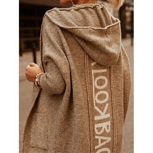 Damen Pullover Strickjacke Brautkleider schlicht Weich Buchstabe Gerippt Mit Kapuze Tasche Strick Langarm Lange Oberteile Stricken Outdoor Täglich Wochenende Leicht Braun Blau Herbst Winter