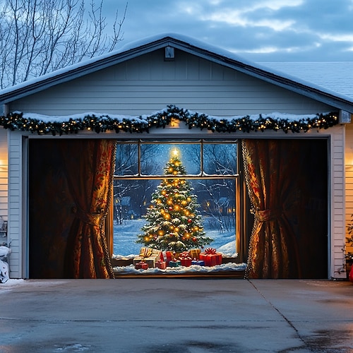  Christmas Door Decorations Garage Door Cover Santa Snowman Jingle Bell Xmas Outdoor Banner Large Backdrop for Holiday Home Wall Gifts Snow Village Christmas Tree