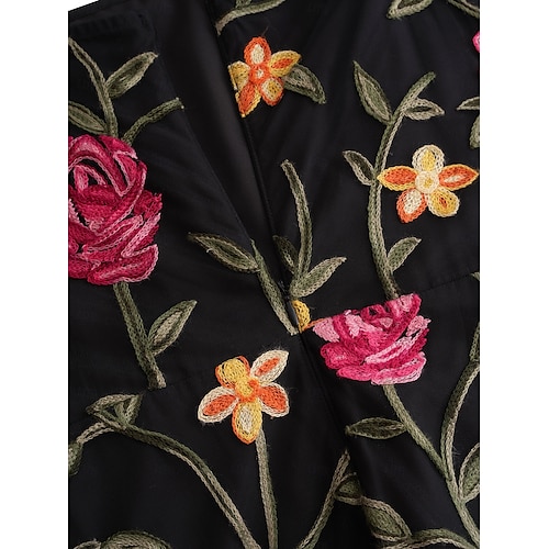  Damen schwarzes kleid Maxidress Rüsche Bestickt Elegant Quadratischer Ausschnitt Langarm Schwarz Farbe
