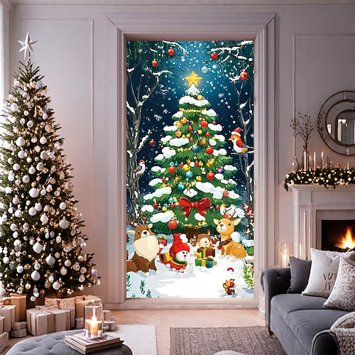  bannière de noël décorations de porte de Noël, couvertures de porte, tapisserie de porte de grand-mère décoration de toile de fond intérieure/extérieure pour porte d'entrée, ferme