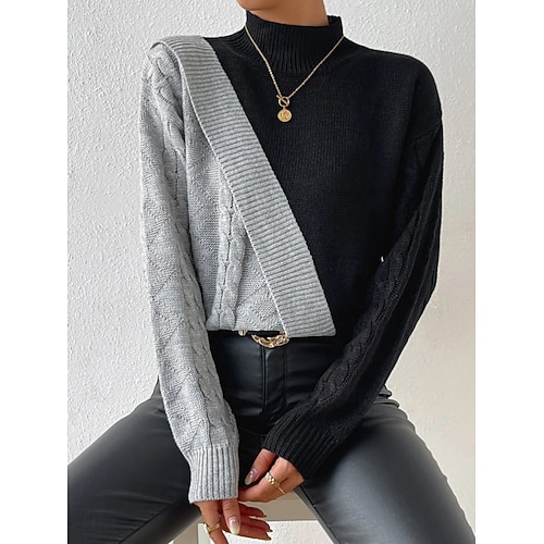 Femme Pull Chandail Elégant Mode du quotidien Bloc de couleur Col montant Tricoté manche longue Hauts réguliers Tricoter Travail Noir Automne Hiver
