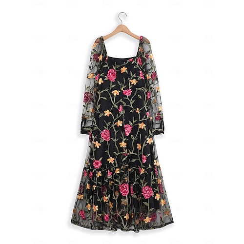  Damen schwarzes kleid Maxidress Rüsche Bestickt Elegant Quadratischer Ausschnitt Langarm Schwarz Farbe