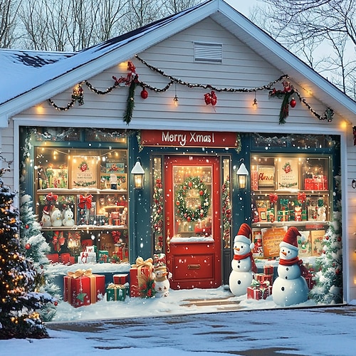  Christmas Door Decorations Garage Door Cover Santa Snowman Jingle Bell Xmas Outdoor Banner Large Backdrop for Holiday Home Wall Gifts Snow Village Christmas Tree