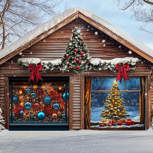  Christmas Door Decorations Garage Door Cover Santa Snowman Jingle Bell Xmas Outdoor Banner Large Backdrop for Holiday Home Wall Gifts Snow Village Christmas Tree