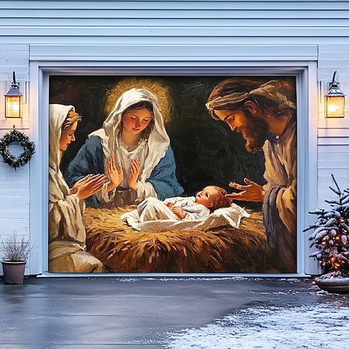  Adornos navideños para puertas, cubierta para puertas de garaje, belén, pancarta navideña para exteriores, gran telón de fondo navideño para puertas de garaje, decoraciones de pared para el hogar,