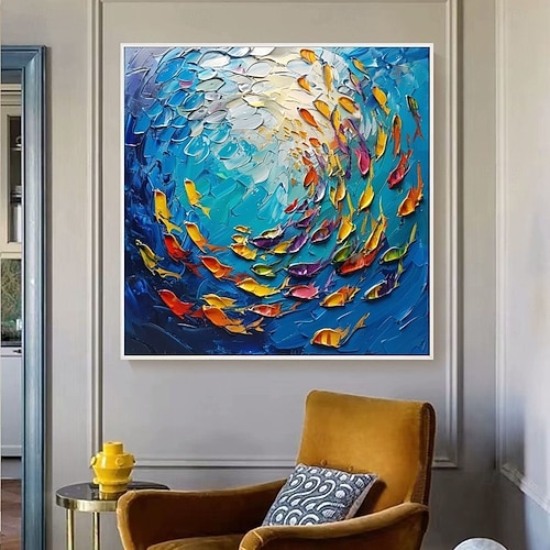 2026年 金魚の油絵 100% ハンドメイド 大きな鯉の絵 手描きの壁アート