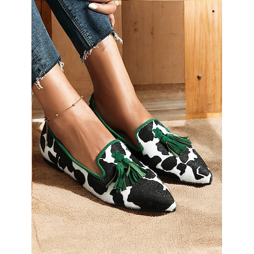  Women's Cow Print Tassel Loafers with Green Trim – Stylish Slip-On Dress Shoes for Casual and Formal Occasions