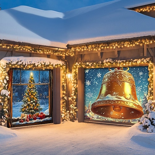 Christmas Door Decorations Garage Door Cover Santa Snowman Jingle Bell Xmas Outdoor Banner Large Backdrop for Holiday Home Wall Gifts Snow Village Christmas Tree