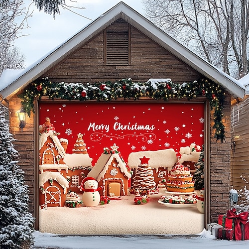  Christmas Door Decorations Garage Door Cover Santa Snowman Jingle Bell Xmas Outdoor Banner Large Backdrop for Holiday Home Wall Gifts Snow Village Christmas Tree