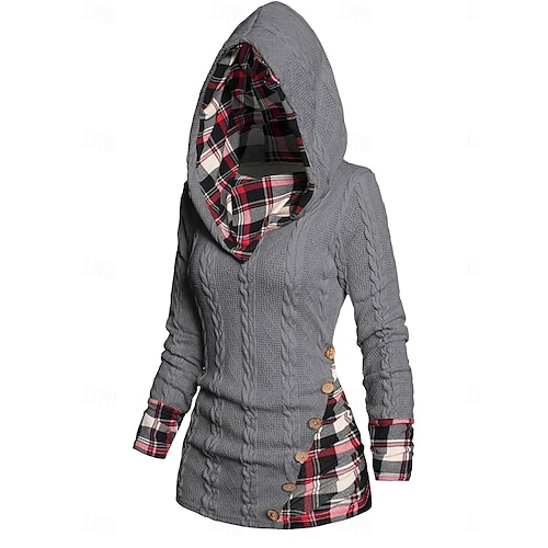 Femme Pull Chandail Pull Décontractées Flexible Plaid A côtes Capuche Patchwork Tricoté manche longue Hauts réguliers Tricoter Extérieur du quotidien Fin de semaine Vin Beige Automne Hiver