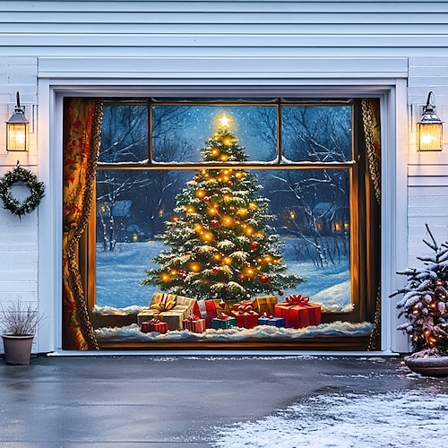  Christmas Door Decorations Garage Door Cover Santa Snowman Jingle Bell Xmas Outdoor Banner Large Backdrop for Holiday Home Wall Gifts Snow Village Christmas Tree