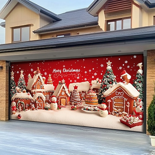  Christmas Door Decorations Garage Door Cover Santa Snowman Jingle Bell Xmas Outdoor Banner Large Backdrop for Holiday Home Wall Gifts Snow Village Christmas Tree