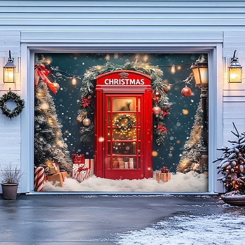  Christmas Door Decorations Outdoor Garage Door Cover Xmas Banner Christmas Scene Farmhouse Large Christmas Backdrop for Holiday Outdoor Garage Door Home Wall Decorations