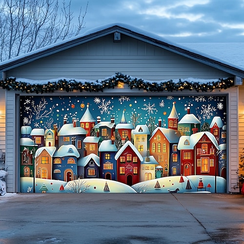  Christmas Door Decorations Garage Door Cover Santa Snowman Jingle Bell Xmas Outdoor Banner Large Backdrop for Holiday Home Wall Gifts Snow Village Christmas Tree