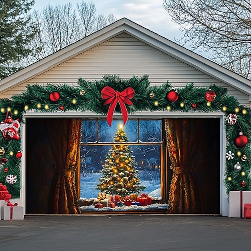  Christmas Door Decorations Garage Door Cover Santa Snowman Jingle Bell Xmas Outdoor Banner Large Backdrop for Holiday Home Wall Gifts Snow Village Christmas Tree