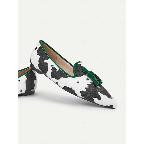  Women's Cow Print Tassel Loafers with Green Trim – Stylish Slip-On Dress Shoes for Casual and Formal Occasions