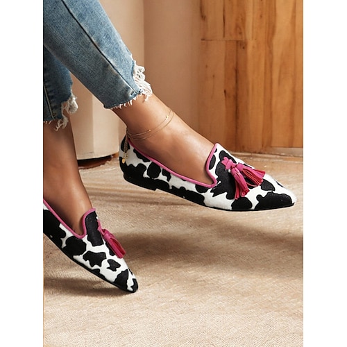  Women's Cow Print Tassel Loafers with Green Trim – Stylish Slip-On Dress Shoes for Casual and Formal Occasions