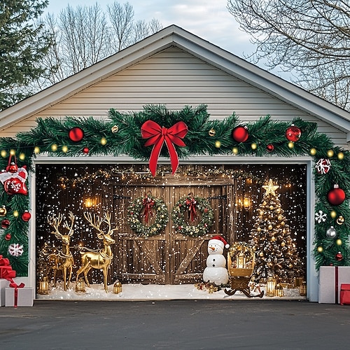  Christmas Door Decorations Outdoor Garage Door Cover Xmas Banner Christmas Scene Farmhouse Large Christmas Backdrop for Holiday Outdoor Garage Door Home Wall Decorations
