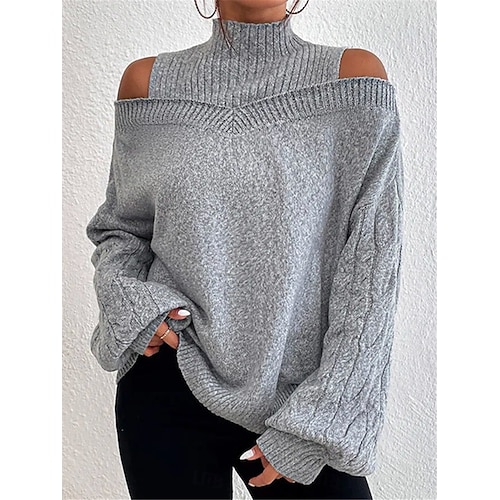 Dame Genser Pullover genser Fritid Myk Ren farge Riflet Rullekrage Strikket Kald skulder Langermet Vanlige topper Strikke utendørs Daglig Helg Svart Blå Høst Vinter