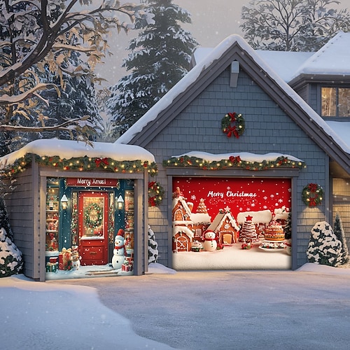  Christmas Door Decorations Garage Door Cover Santa Snowman Jingle Bell Xmas Outdoor Banner Large Backdrop for Holiday Home Wall Gifts Snow Village Christmas Tree