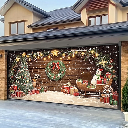  Christmas Door Decorations Outdoor Garage Door Cover Xmas Banner Christmas Scene Farmhouse Large Christmas Backdrop for Holiday Outdoor Garage Door Home Wall Decorations