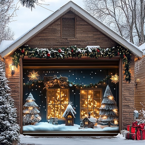  Christmas Door Decorations Garage Door Cover Santa Snowman Jingle Bell Xmas Outdoor Banner Large Backdrop for Holiday Home Wall Gifts Snow Village Christmas Tree