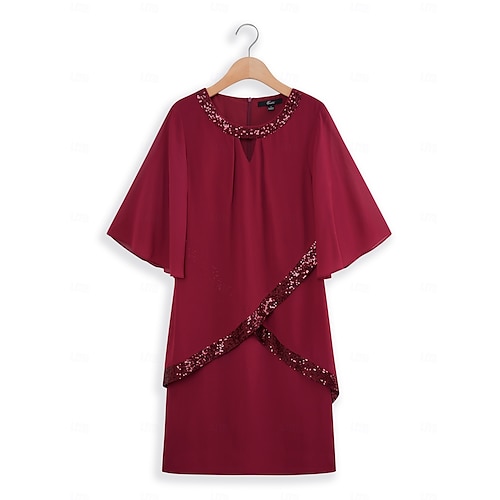  vestido midi feminino bordô com sobreposição de lantejoulas assimétricas decote redondo detalhe em v comprimento três quartos mangas divididas não elásticas elegante coquetel noite comprimento do