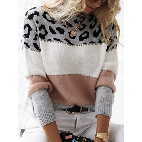 Femme Pull Chandail Pull Décontractées Flexible Léopard A côtes Col Ras du Cou Tricoté Imprimer manche longue Hauts réguliers Tricoter Extérieur du quotidien Fin de semaine Jaune Rose Claire Automne