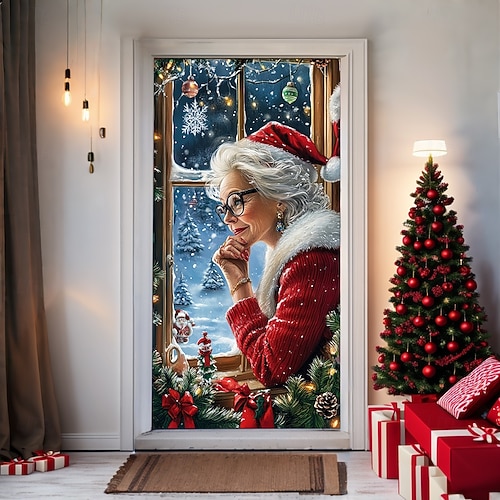  bannière de noël décorations de porte de Noël, couvertures de porte, tapisserie de porte de grand-mère décoration de toile de fond intérieure/extérieure pour porte d'entrée, ferme