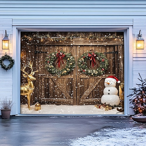  Christmas Door Decorations Outdoor Garage Door Cover Xmas Banner Christmas Scene Farmhouse Large Christmas Backdrop for Holiday Outdoor Garage Door Home Wall Decorations