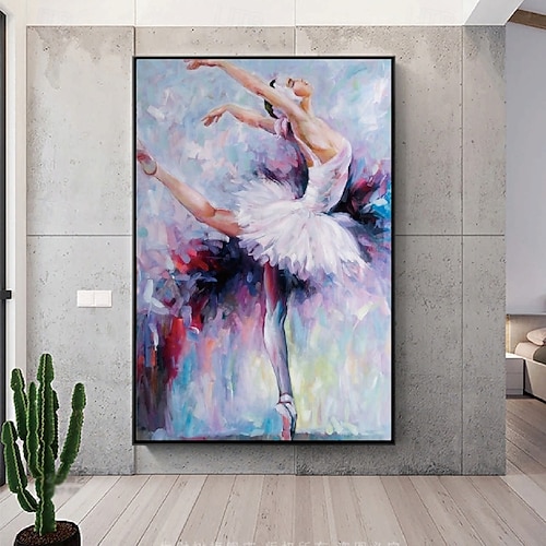 絵画 。壁掛け絵原画手描き【部屋の中で花瓶を片付ける少女とバレエを踊る黒猫】 2026年 手作りのダンサーの油絵、手描きのバレエ少女の油絵、壁掛け