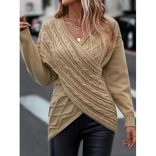 Femme Pull Chandail Elégant Mode du quotidien Couleur unie torsadé Col V Tricoté manche longue Hauts réguliers Tricoter Travail Rose Claire Chameau Automne Hiver