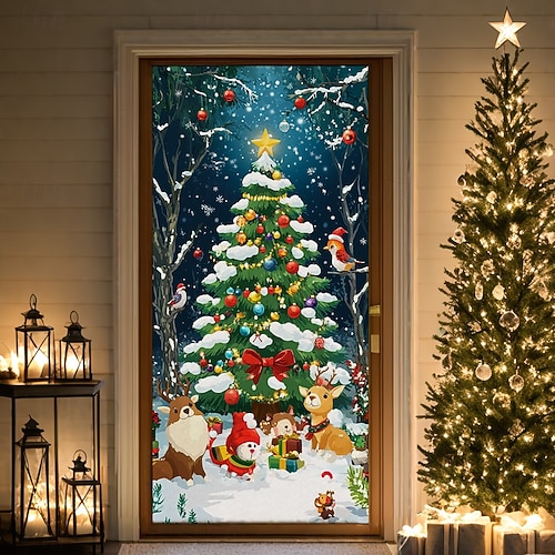 bannière de noël décorations de porte de Noël, couvertures de porte, tapisserie de porte de grand-mère décoration de toile de fond intérieure/extérieure pour porte d'entrée, ferme