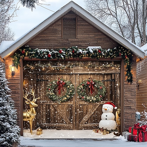  Christmas Door Decorations Outdoor Garage Door Cover Xmas Banner Christmas Scene Farmhouse Large Christmas Backdrop for Holiday Outdoor Garage Door Home Wall Decorations