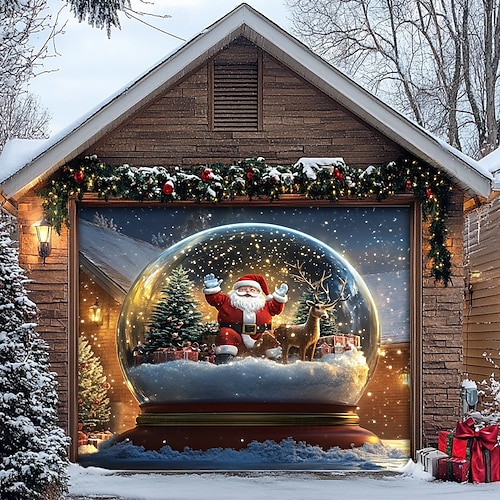  Christmas Door Decorations Garage Door Cover Santa Snowman Jingle Bell Xmas Outdoor Banner Large Backdrop for Holiday Home Wall Gifts Snow Village Christmas Tree