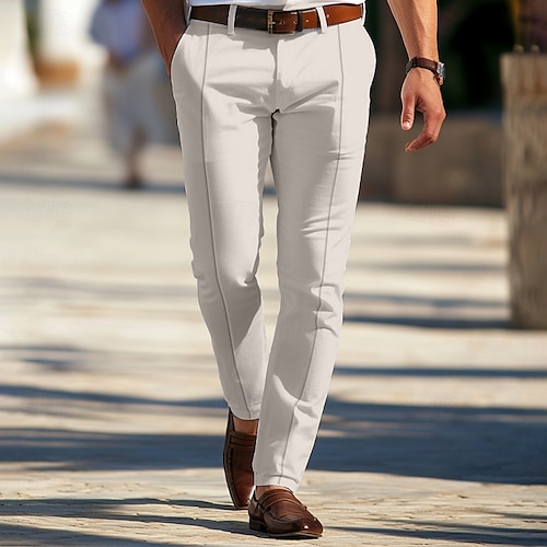 Men's Trousers Chinos Buttons Pocket With Belt Solid Color Comfort Soft Full Length Formal Office Work Elegant Vintage Black White Micro-elastic