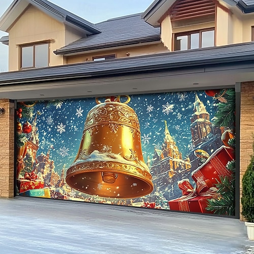  Christmas Door Decorations Garage Door Cover Santa Snowman Jingle Bell Xmas Outdoor Banner Large Backdrop for Holiday Home Wall Gifts Snow Village Christmas Tree