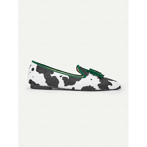  Women's Cow Print Tassel Loafers with Green Trim – Stylish Slip-On Dress Shoes for Casual and Formal Occasions