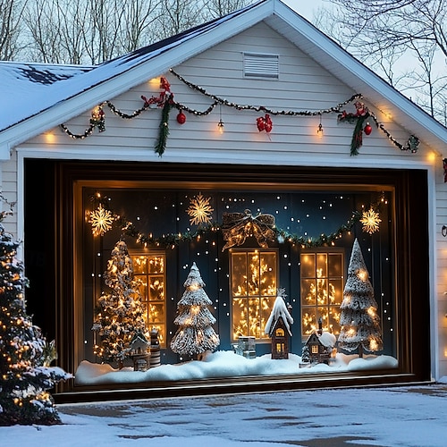  Christmas Door Decorations Garage Door Cover Santa Snowman Jingle Bell Xmas Outdoor Banner Large Backdrop for Holiday Home Wall Gifts Snow Village Christmas Tree