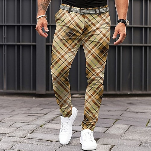Men's Plaid Dress Pants Mid Waist Business Casual Formal