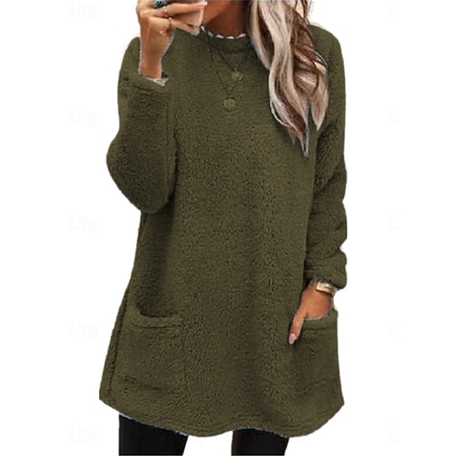  dámská mikina casual sherpa plain dailywear crew kapsa na krku dlouhý rukáv hnědá zelená šedá podzim zima