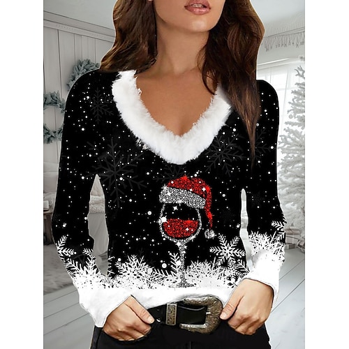 chemisier femme sweat col v bordure fourrure blanche père noël paillettes embellissement manches longues hiver vacances mode tricot rouge noir fête décontracté coupe régulière confortable doux chemisier femme sweat col v bordure fourrure blanche père noël paillettes embellissement manches longues hiver vacances mode tricot rouge noir fête décontracté coupe régulière confortable doux