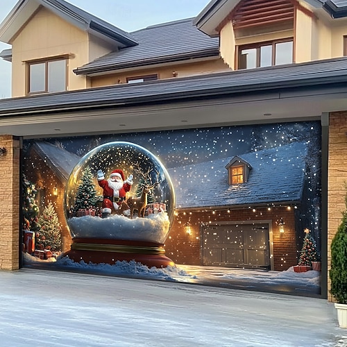  Christmas Door Decorations Garage Door Cover Santa Snowman Jingle Bell Xmas Outdoor Banner Large Backdrop for Holiday Home Wall Gifts Snow Village Christmas Tree