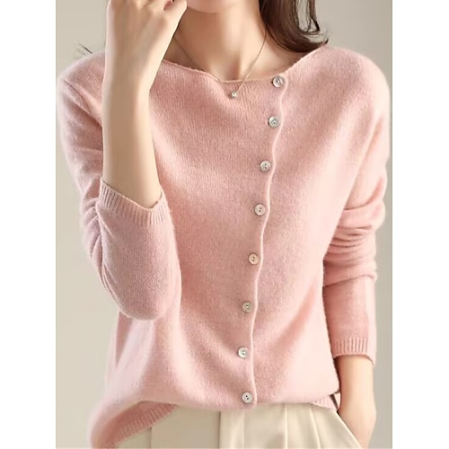 

Women's Sweater Cardigan Casual Soft Pure Color Ribbed Crew Neck Buttons Knitted Long Sleeve Regular Tops Knit Outdoor Daily Weekend Yellow Pink Fall Winter