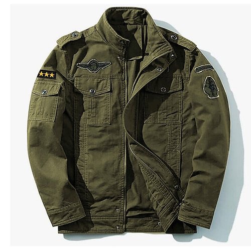 

Men's Cotton Embroidered Military Jacket Cargo Jacket with Shoulder Straps Long Sleeve Standing Collar Multi-Pockets Coat Trucker Jacket Star Print Tactical Outerwear