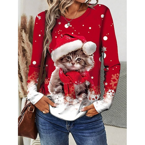 

Women's T-shirt Long Sleeve Holiday Cat Print Round Neck Red White Gradient Snowflake Design Casual Festive Winter Top in Multiple Sizes