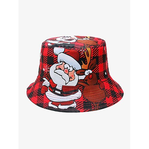 

Reversible Christmas Bucket Hat - Santa and Reindeer Design, Red Plaid Holiday Theme, Unisex Festive Hat for Winter and Holiday Parties